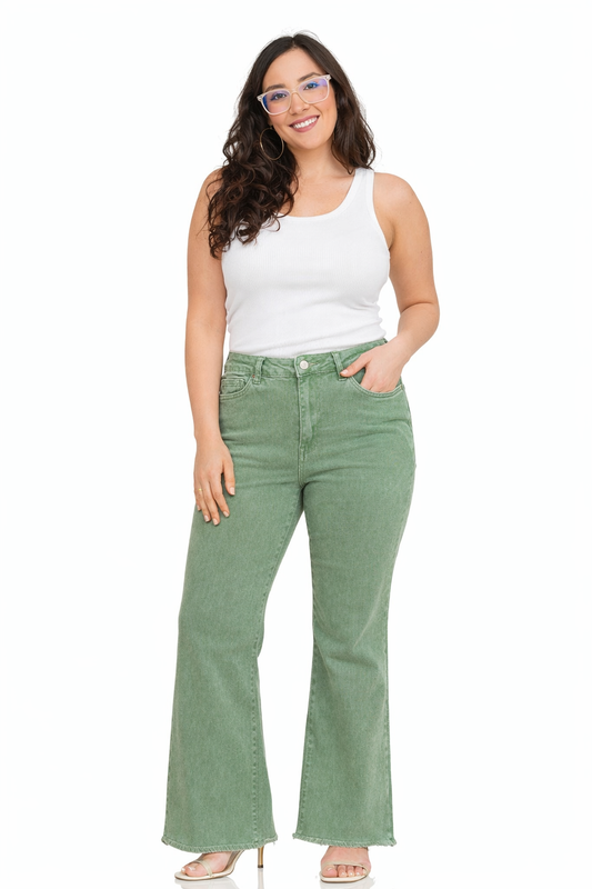 Olive Frayed Hem Straight Wide Pants