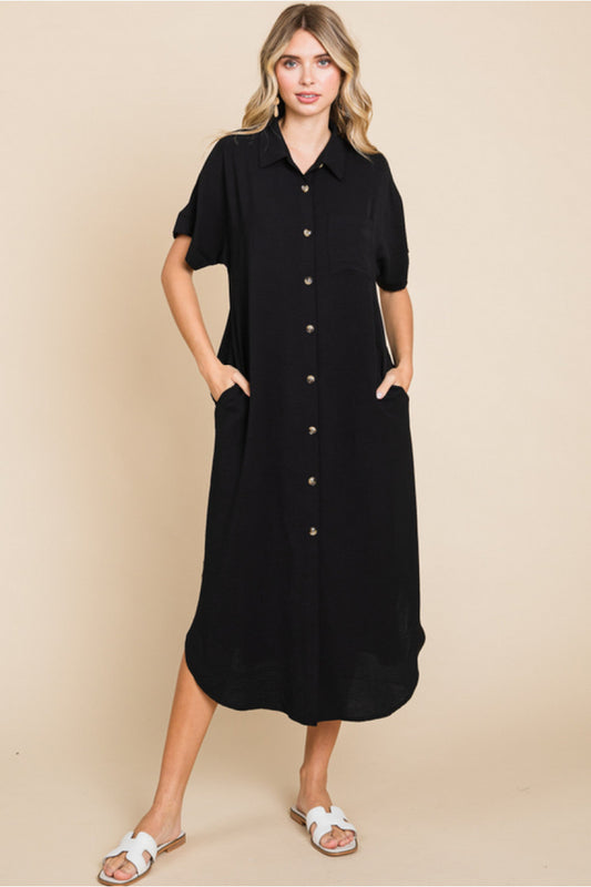 Black Simple Button Down Midi Dress