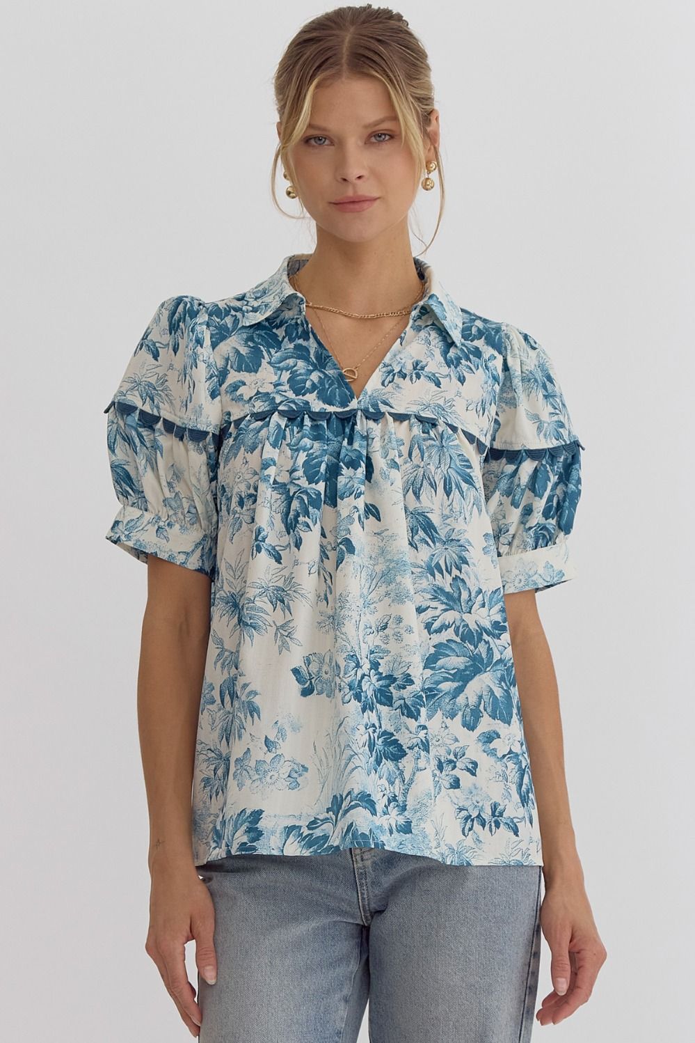 Teal Blue Floral Blouse