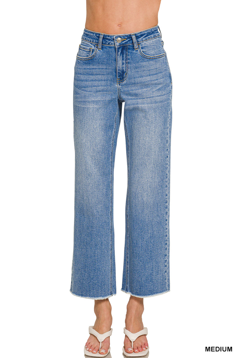 Medium Wash Frayed Hem Denim Pants