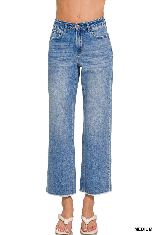 Medium Wash Frayed Hem Denim Pants