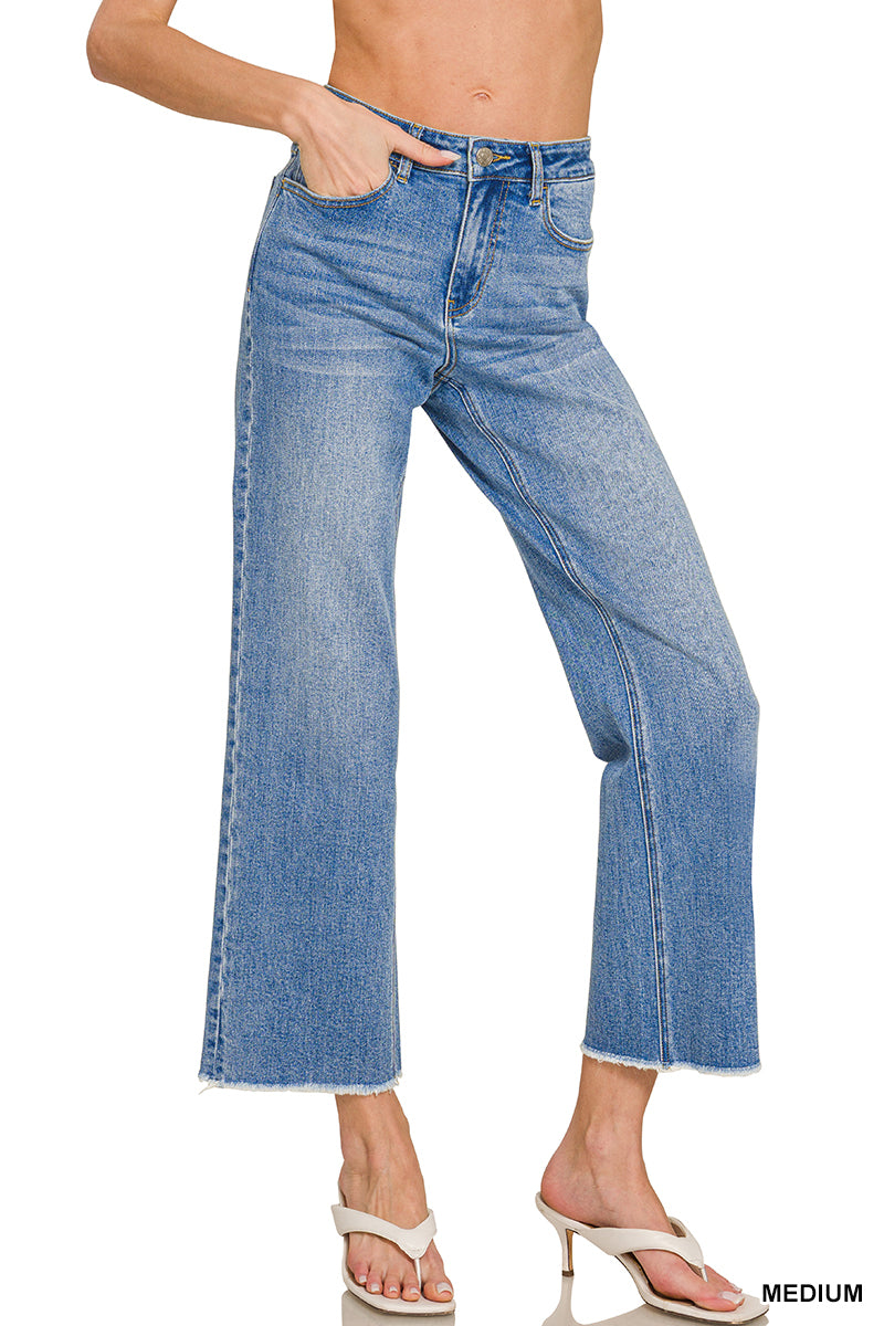 Medium Wash Frayed Hem Denim Pants