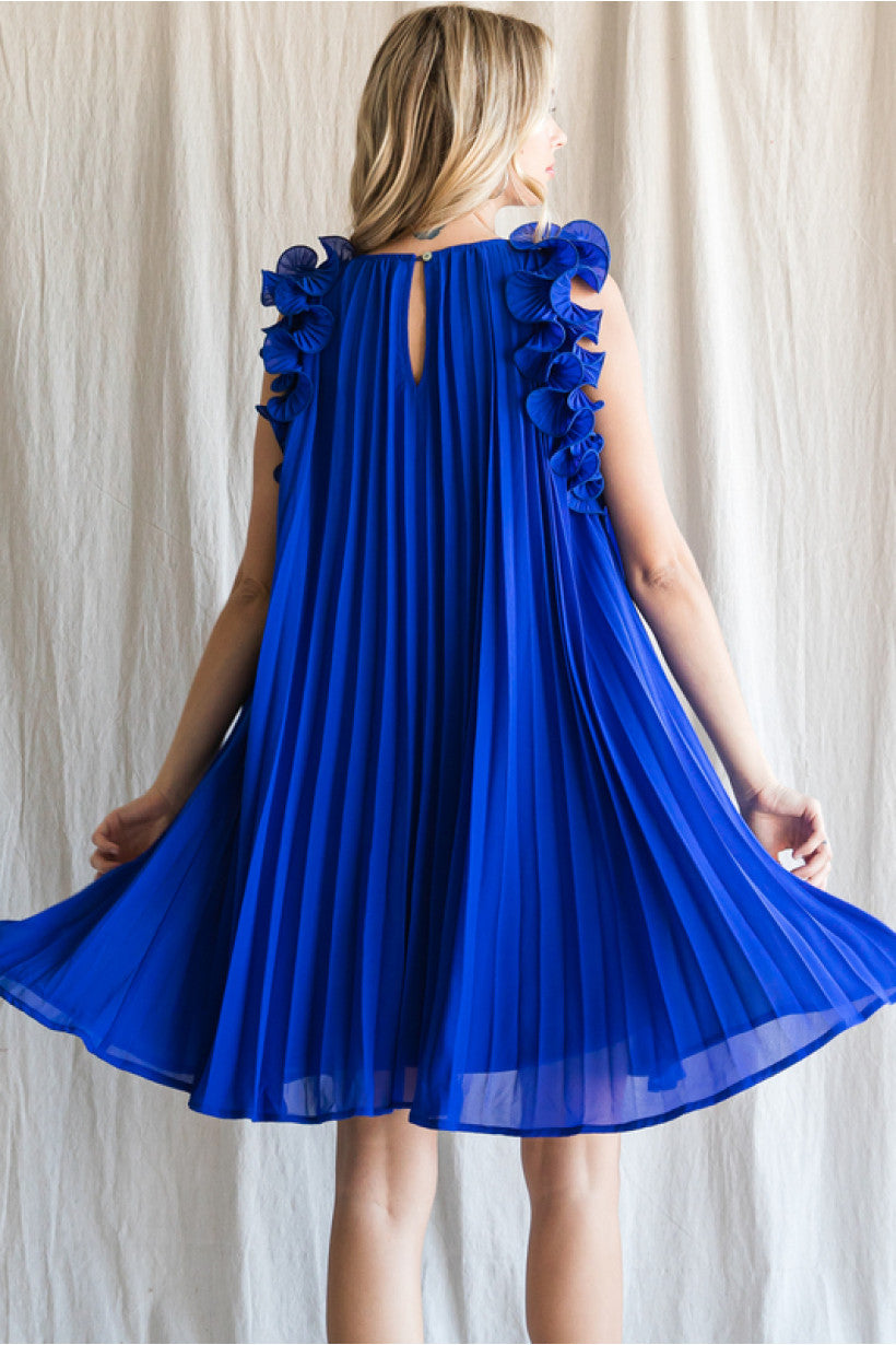 Royal Blue Scrunch Shoulder & Pleated Dress