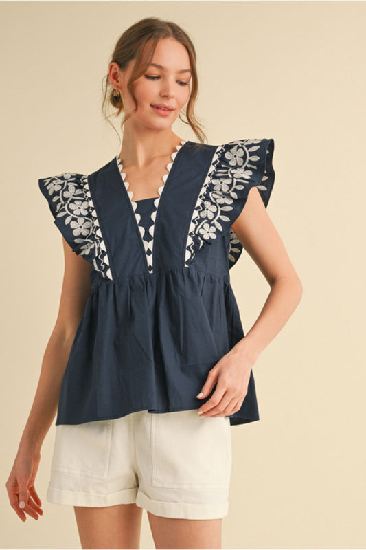 Navy Embroidered Baby Doll Top