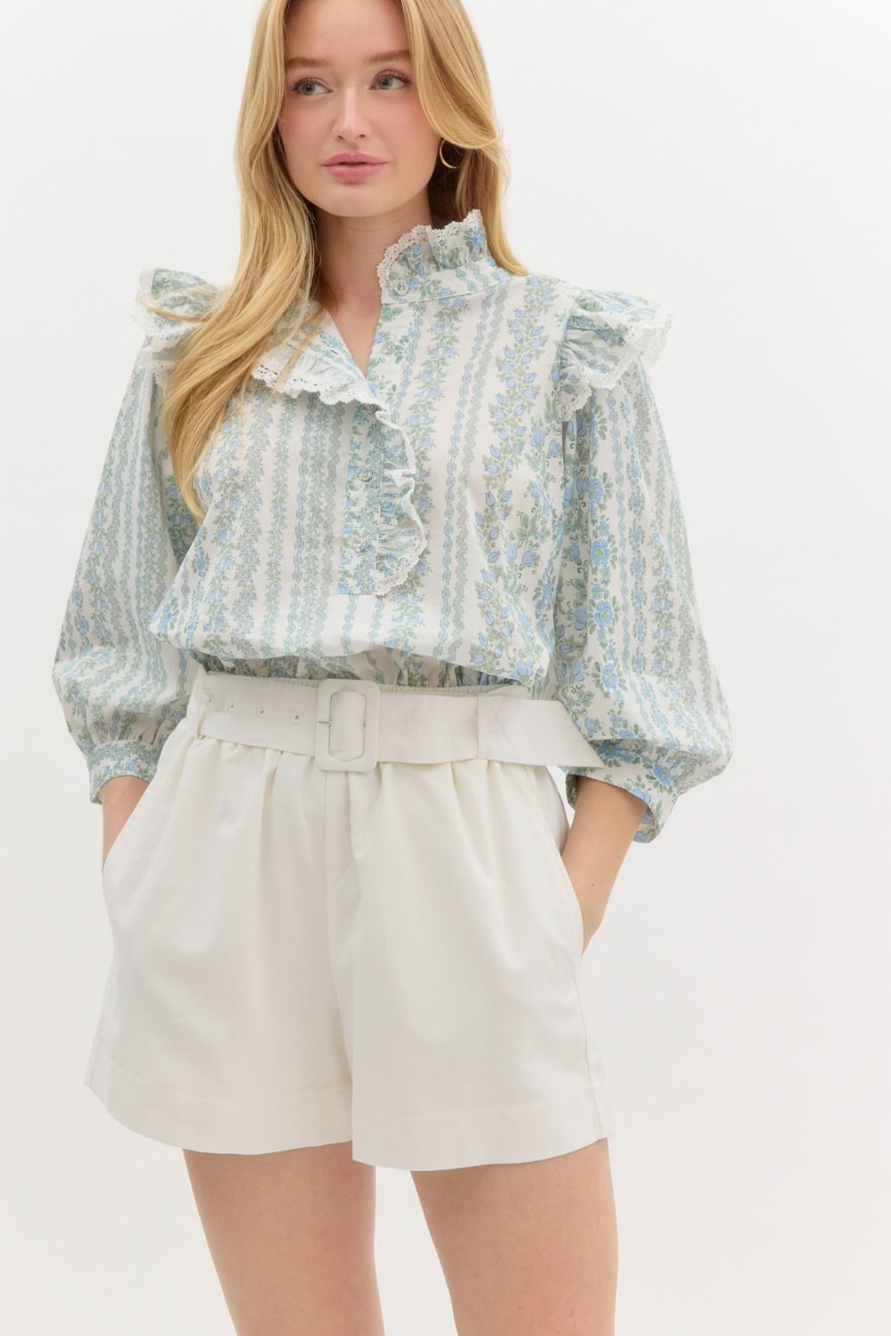 Blue Floral Crochet Trim Blouse