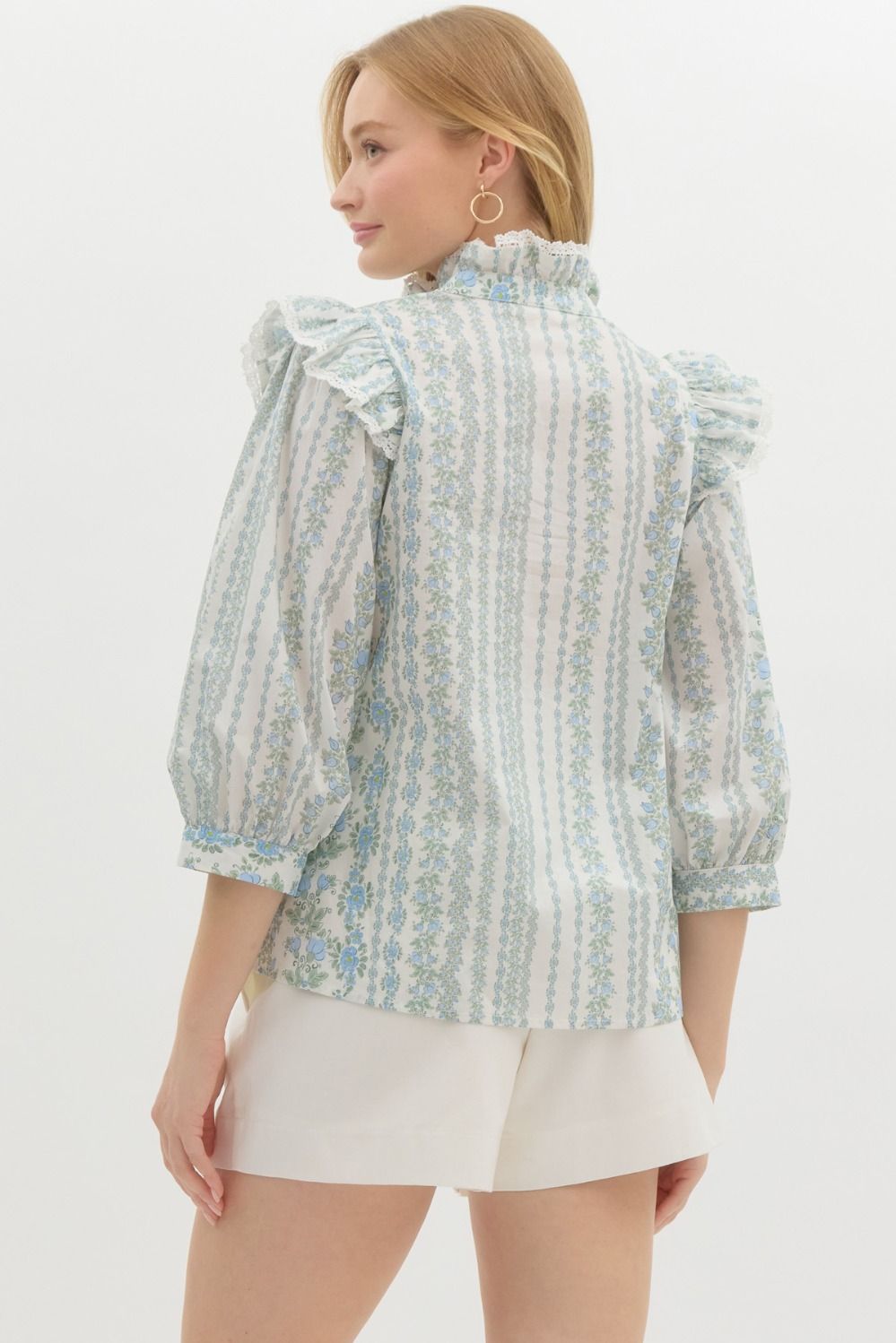 Blue Floral Crochet Trim Blouse