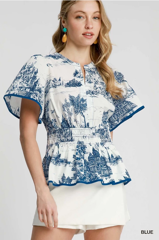 Blue & White Landscape Print Top