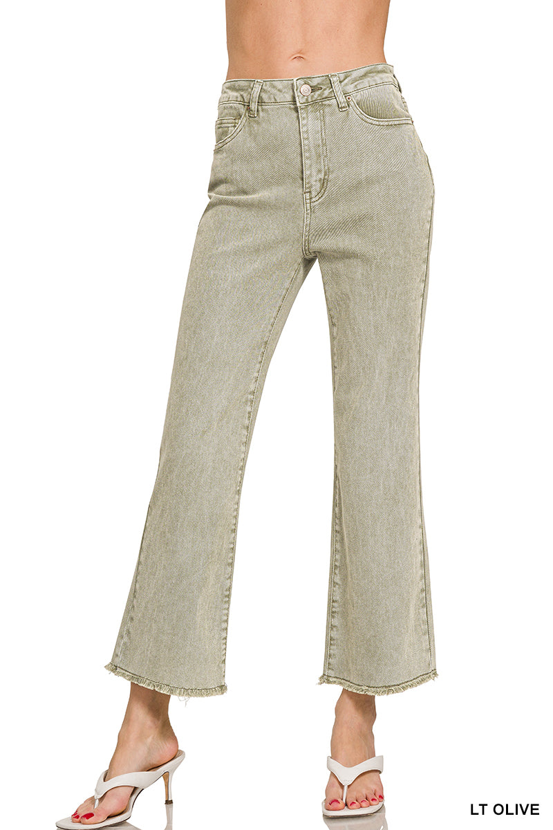 Light Olive Frayed Hem Bootcut Pants