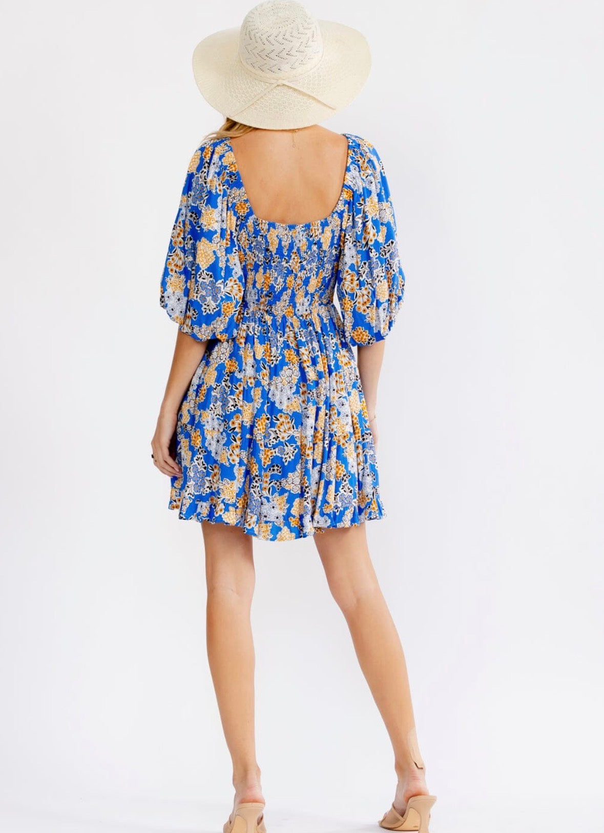 Smocked Waist Blue Vivid Print Dress