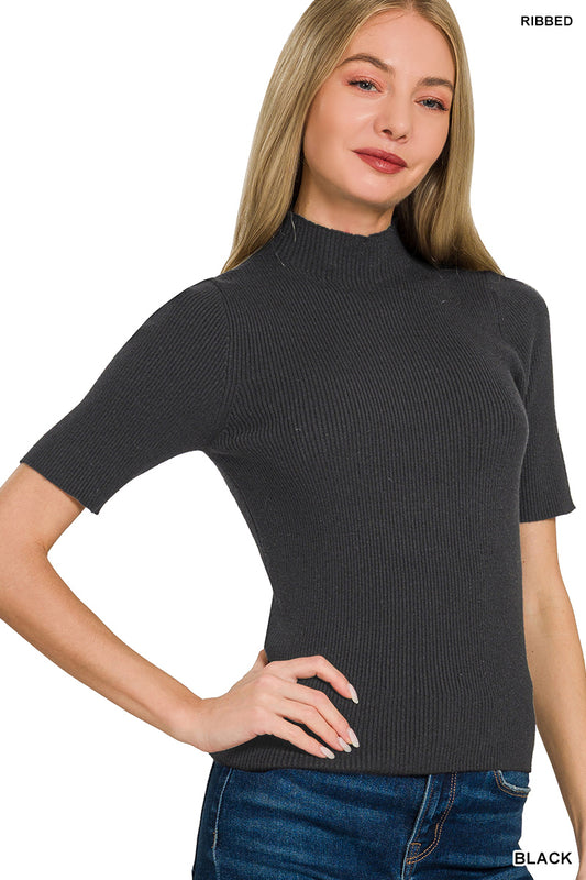 Black SS Ribbed Mock Neck Sweater