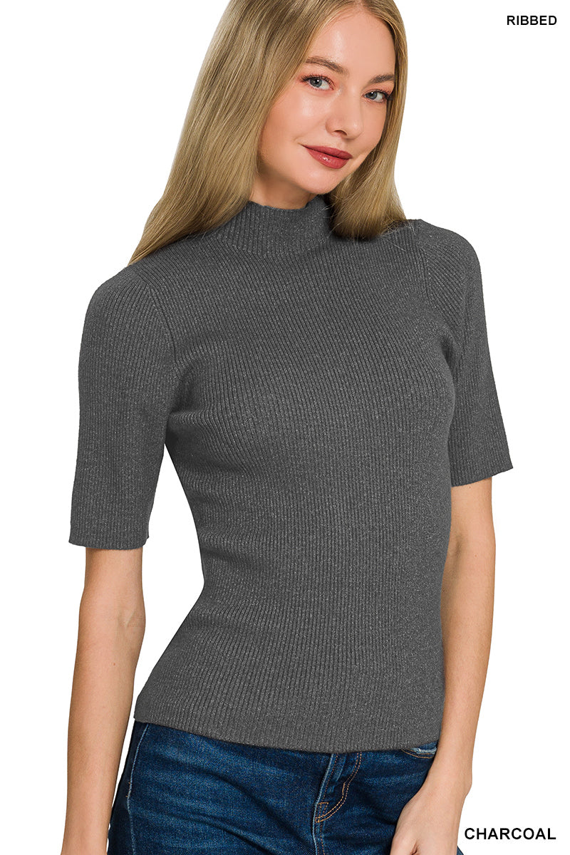 Charcoal Ribbed Mock Neck SS Sweater