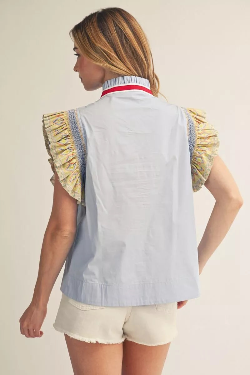 Blue Flutter Statement Sleeve Top