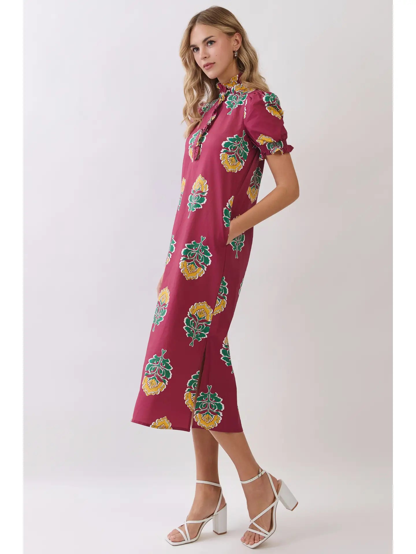Navy Floral Print Ruffle Collar Button Down Midi Dress
