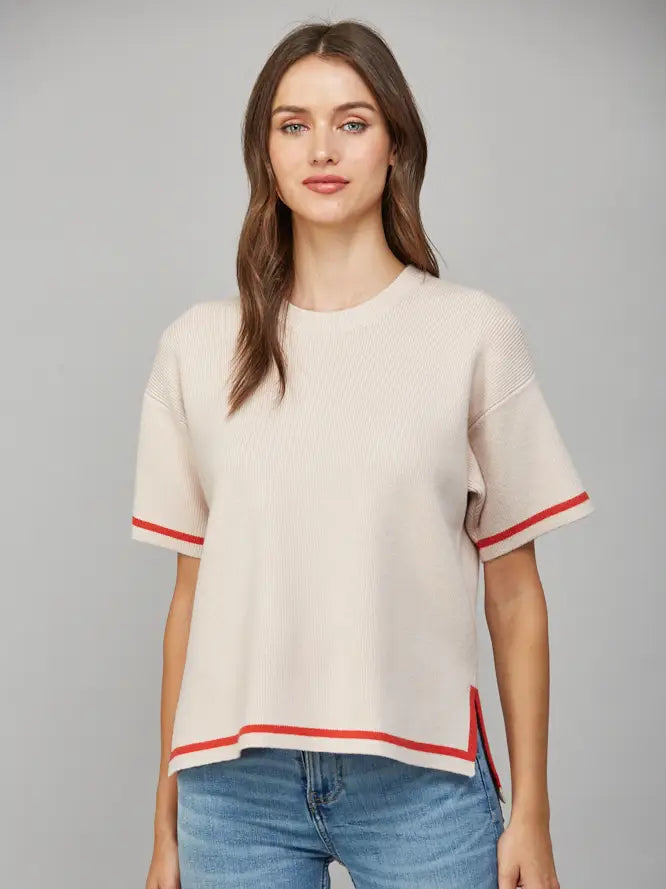 Tipped Side Slit Boxy Sweater in Taupe