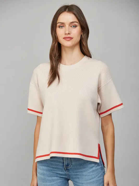 Tipped Side Slit Boxy Sweater in Taupe