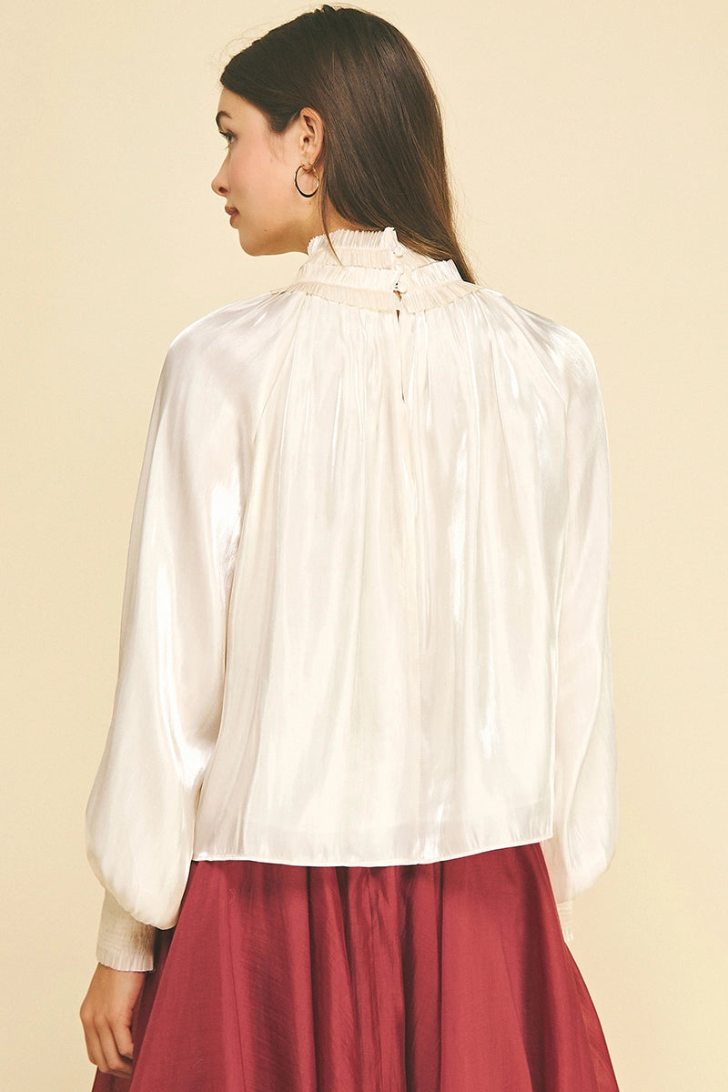 Ivory Silky Satin High Mock Neck Blouse