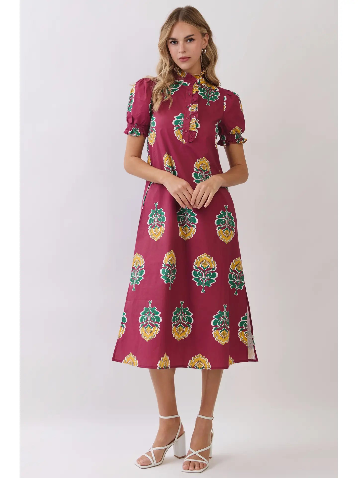 Navy Floral Print Ruffle Collar Button Down Midi Dress