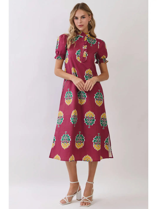 Navy Floral Print Ruffle Collar Button Down Midi Dress