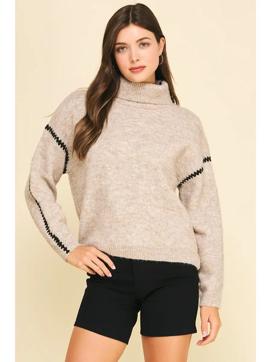 Taupe Stitch-Detail Turtleneck Sweater
