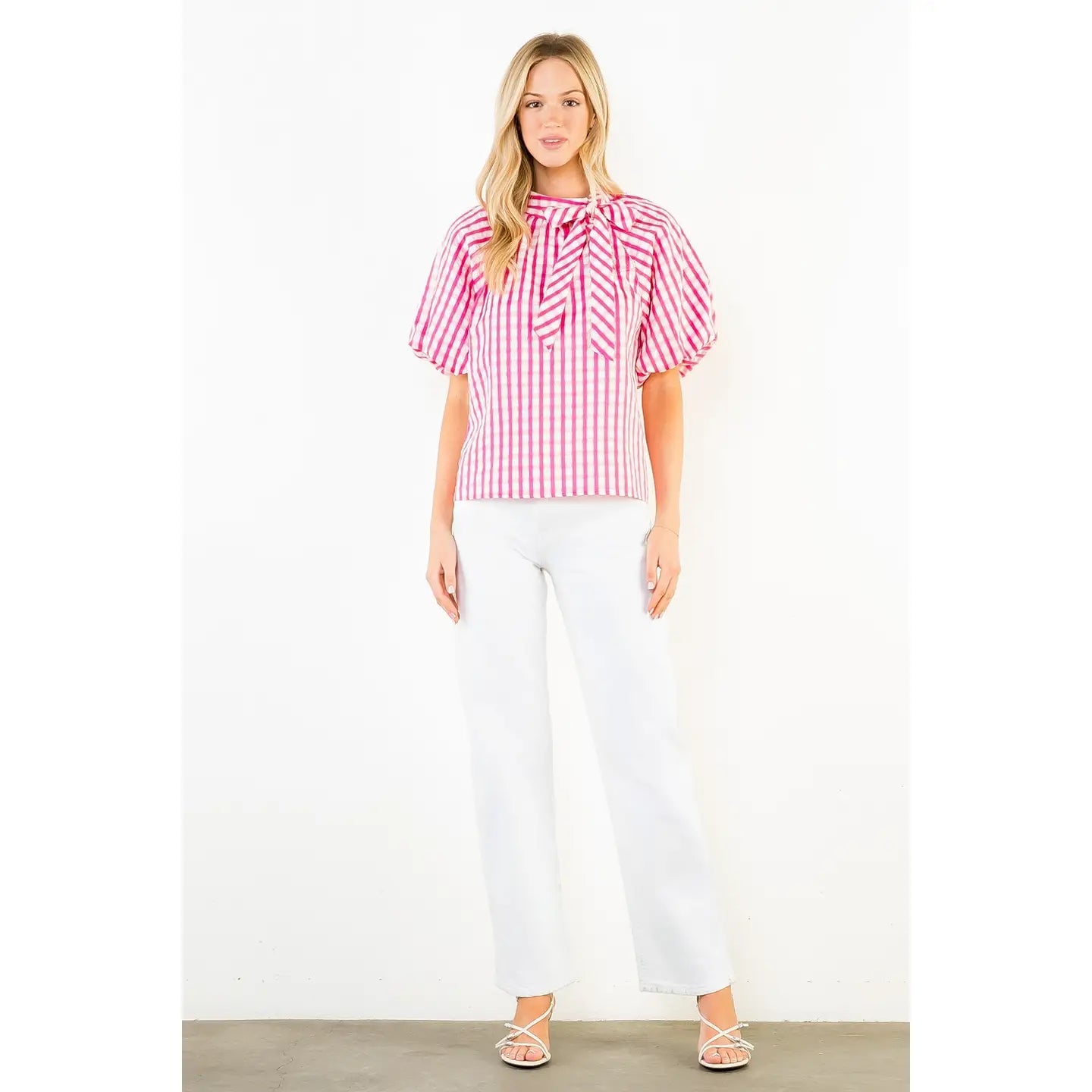 Pink Gingham Puff Sleeve Top