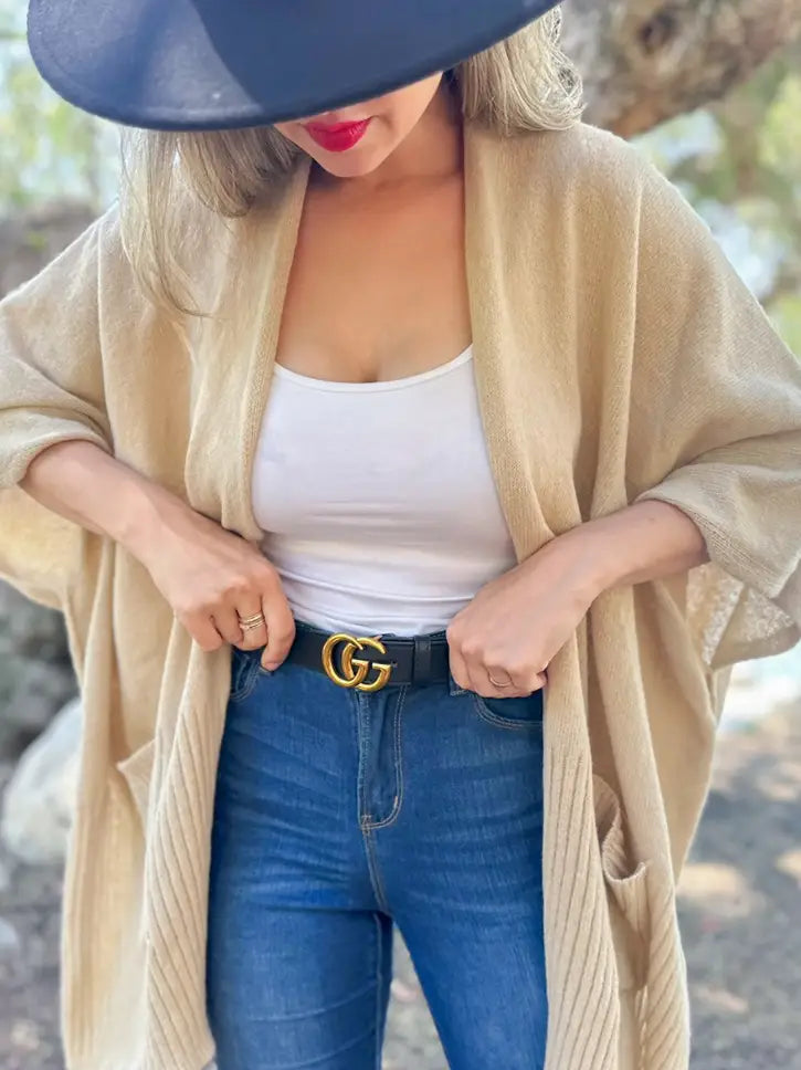 Beige Boho Open Front Knit Pocket Ruana Cardigan
