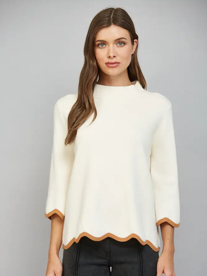 Cream and Camel Scallop Edge Detailed Mock Neck Sweater